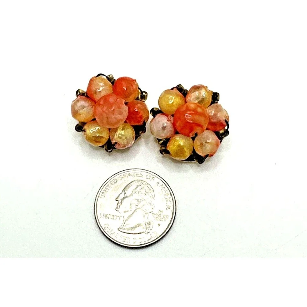 Vintage Hong Kong Fruit Salad Lucite Earrings Orange Swirl Cluster Clip On 1